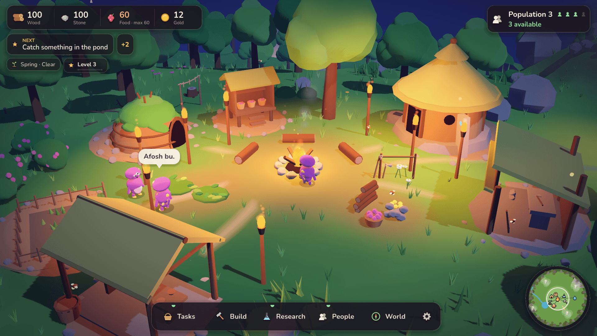 Warm campfire and torches lighting a From Two settlement after dark