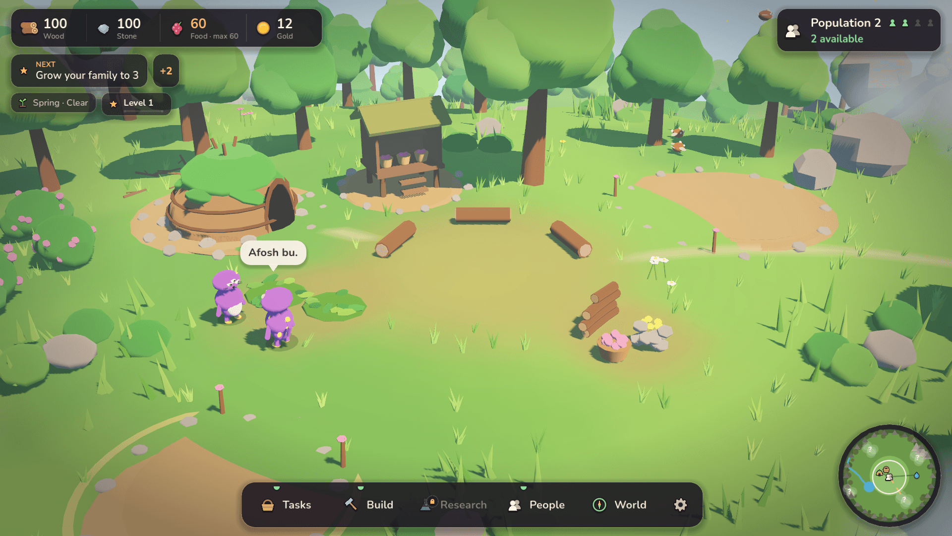 Current From Two gameplay showing two purple alien founders beside their first shelter in a green woodland clearing