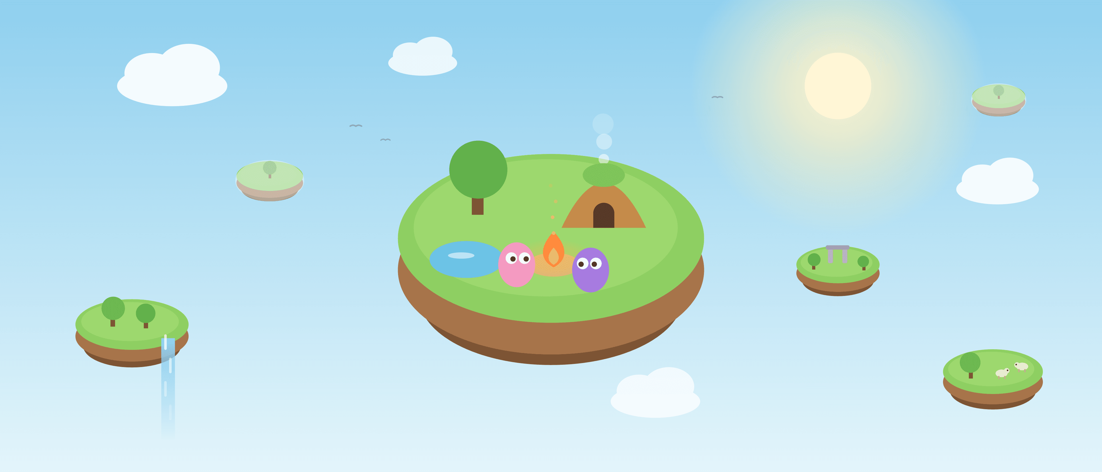 Two friendly pink and purple aliens on a little green island, surrounded by clouds, trees and a campfire